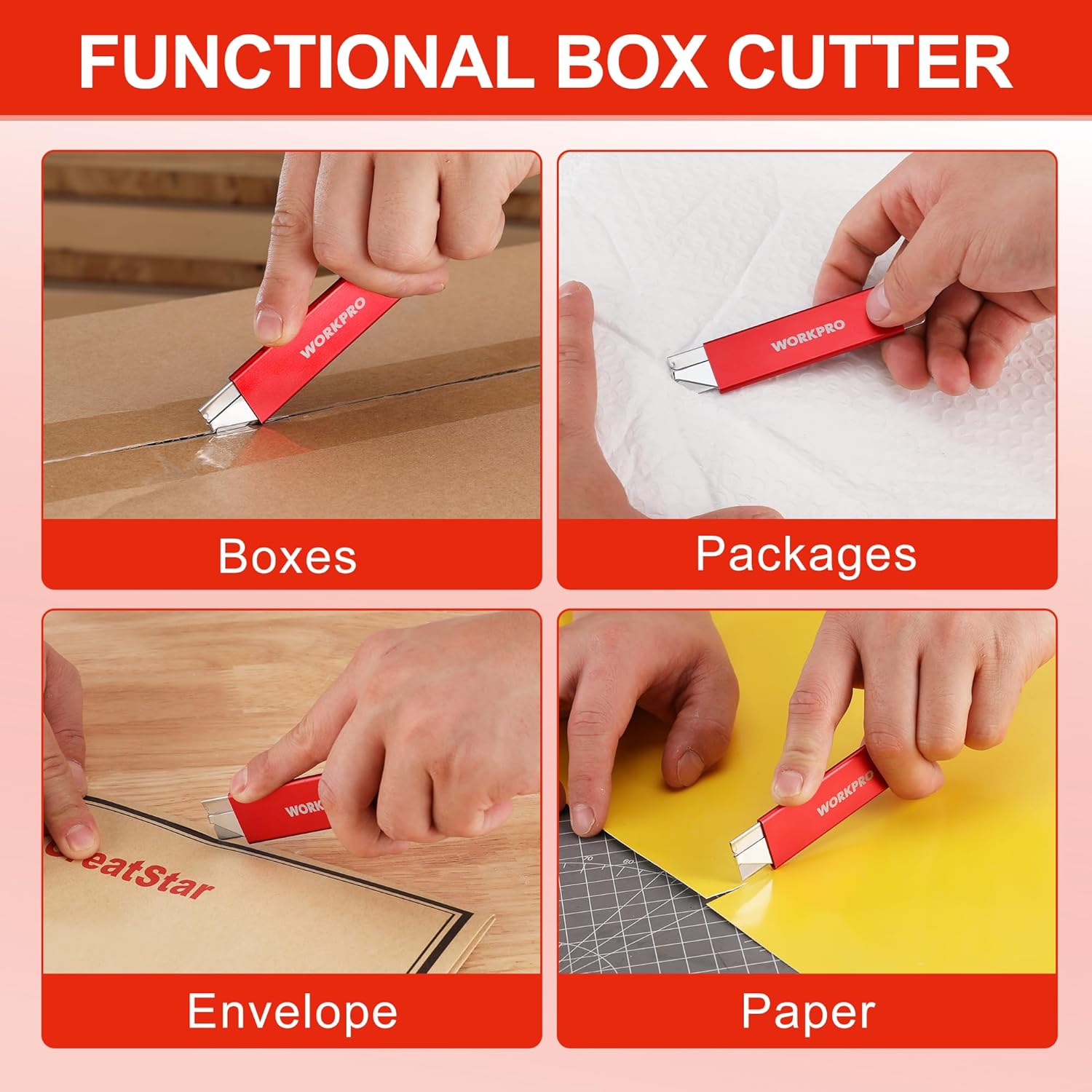 Red utility box cutter for cutting boxes, packages, envelopes, and paper