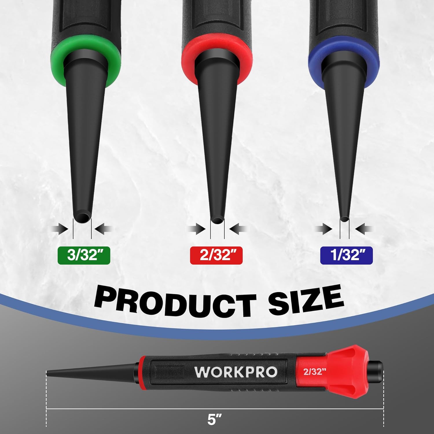 Three nail punch tools with green, red, and blue end caps, marked 3/32", 2/32", 1/32"