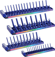 Blue metric socket organizer set with 4 trays and blue numbered posts holding sockets