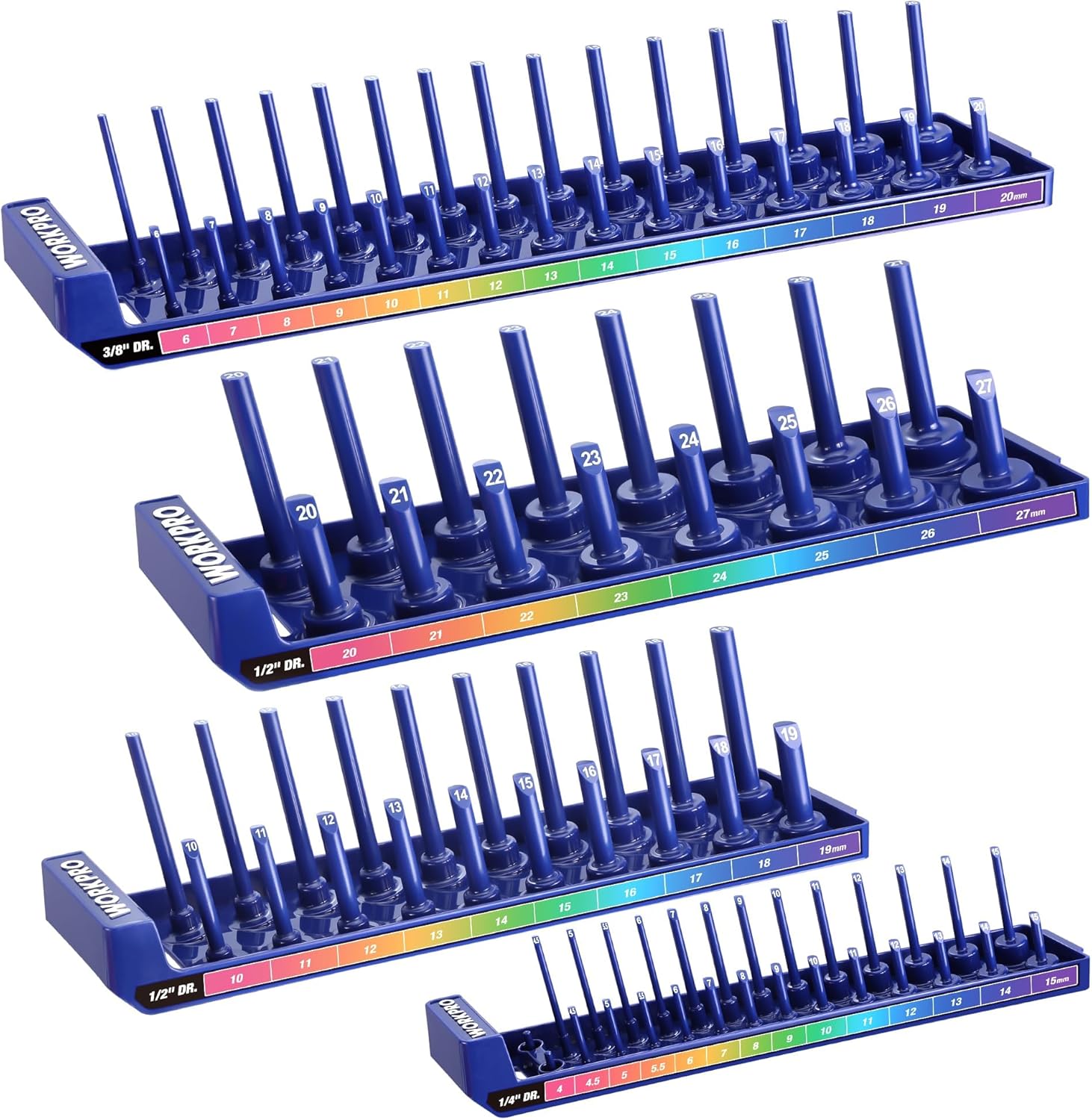 Blue metric socket organizer set with 4 trays and blue numbered posts holding sockets