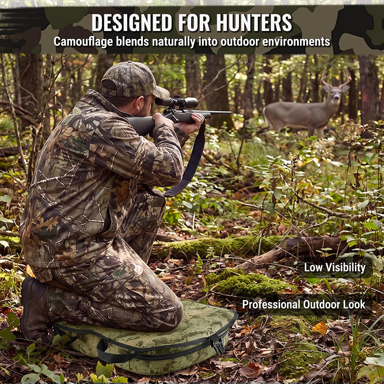 WORKPRO hunting seat cushion in camo fabric, designed for hunting blind or outdoor hunting seating