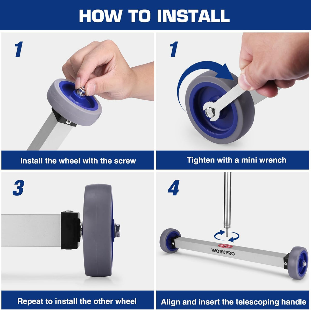 Magnetic sweeper wheel assembly showing blue wheel and screw-on base