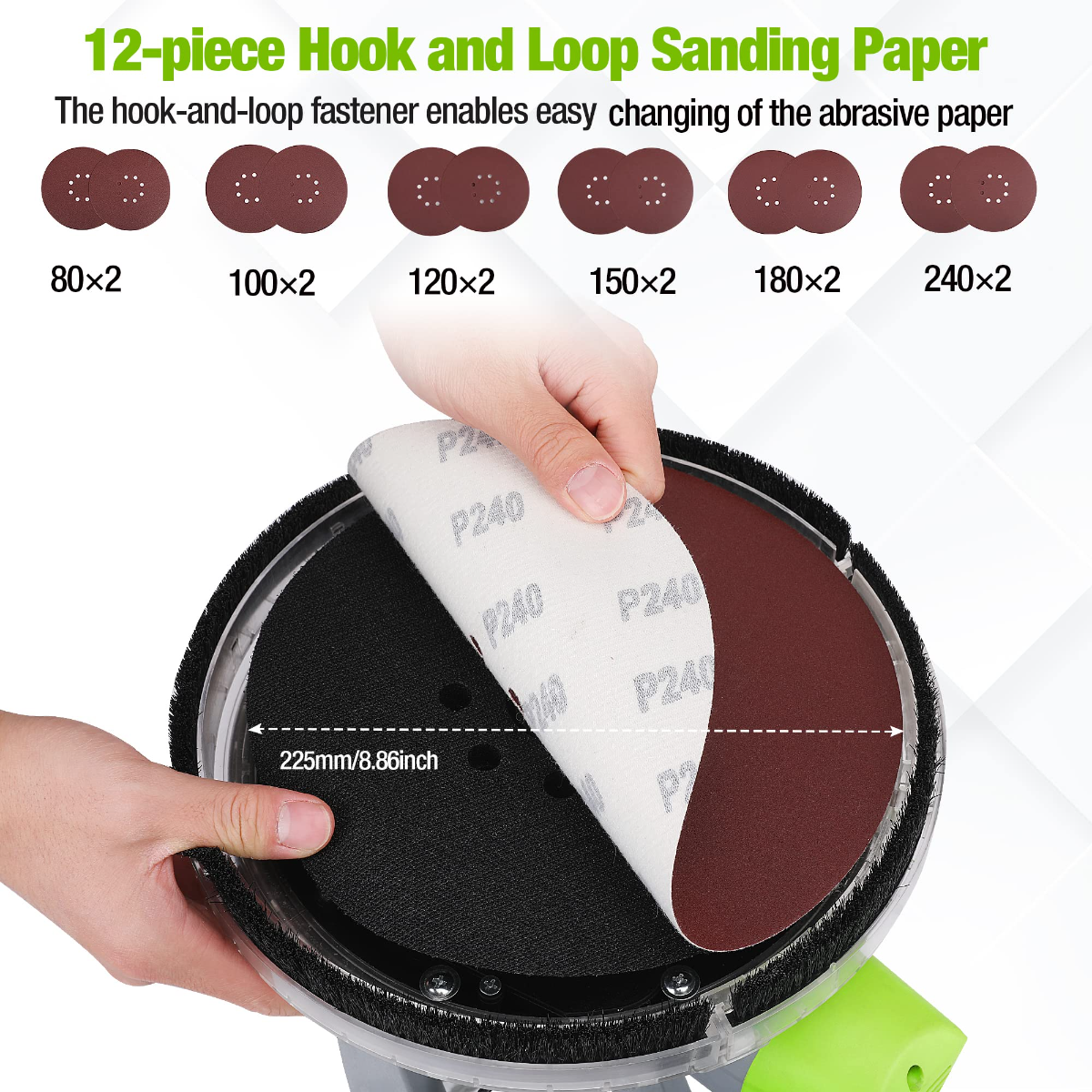 Round hook-and-loop sanding pad with abrasive sheet on electric drywall sander head