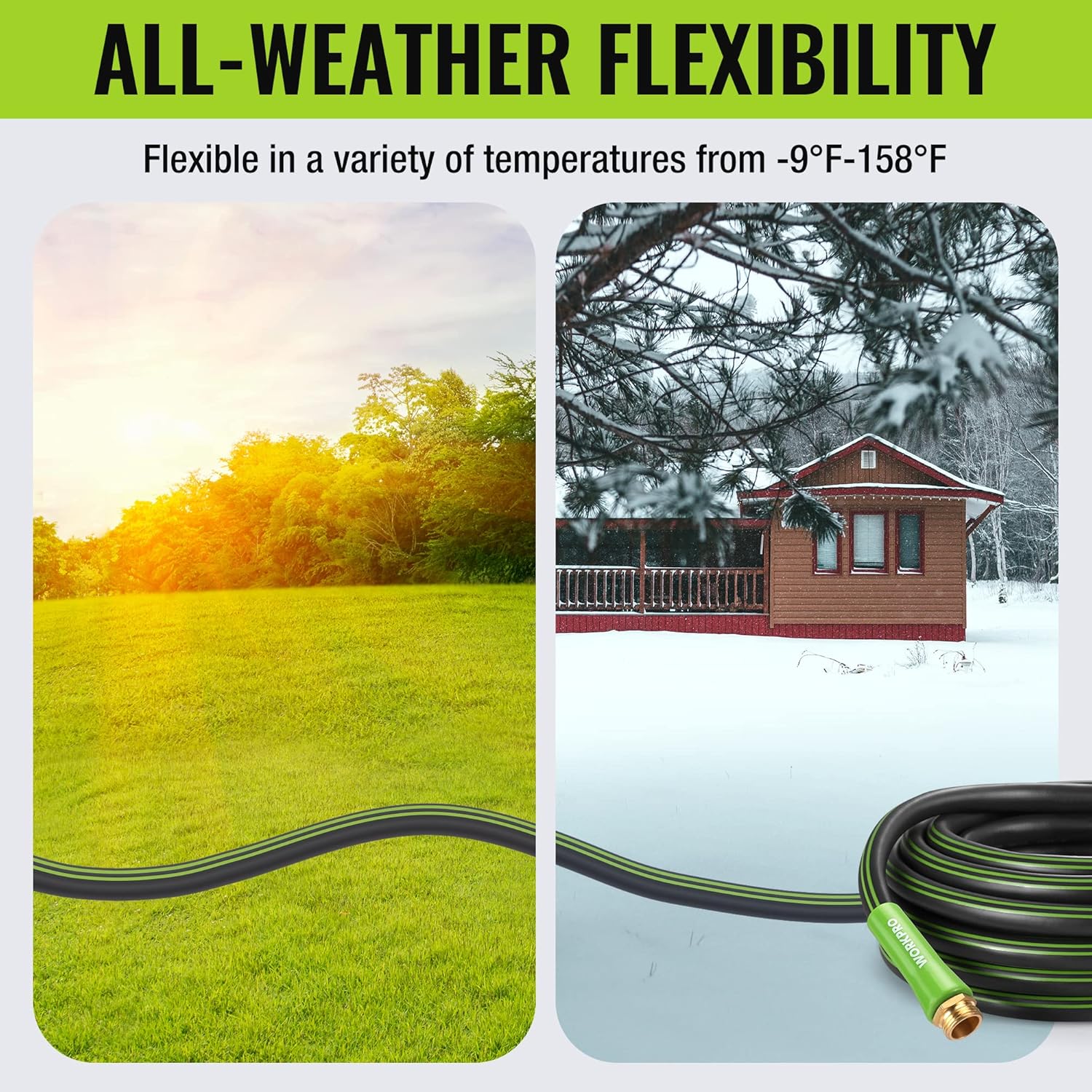 All-weather garden hose coil in black with green accents, flexible outdoor tube
