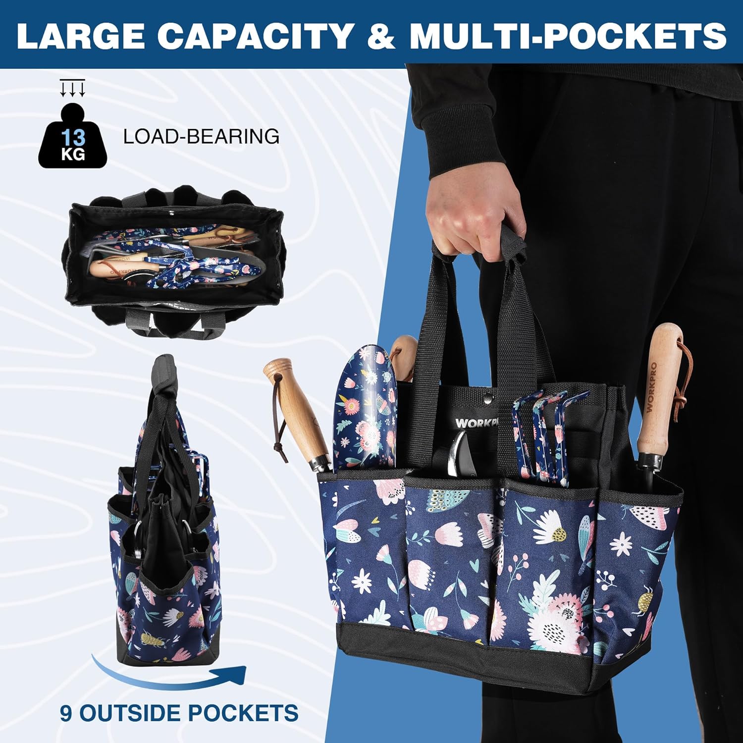 Blue WORKPRO garden tool tote with nine exterior pockets and interior organizer slots.