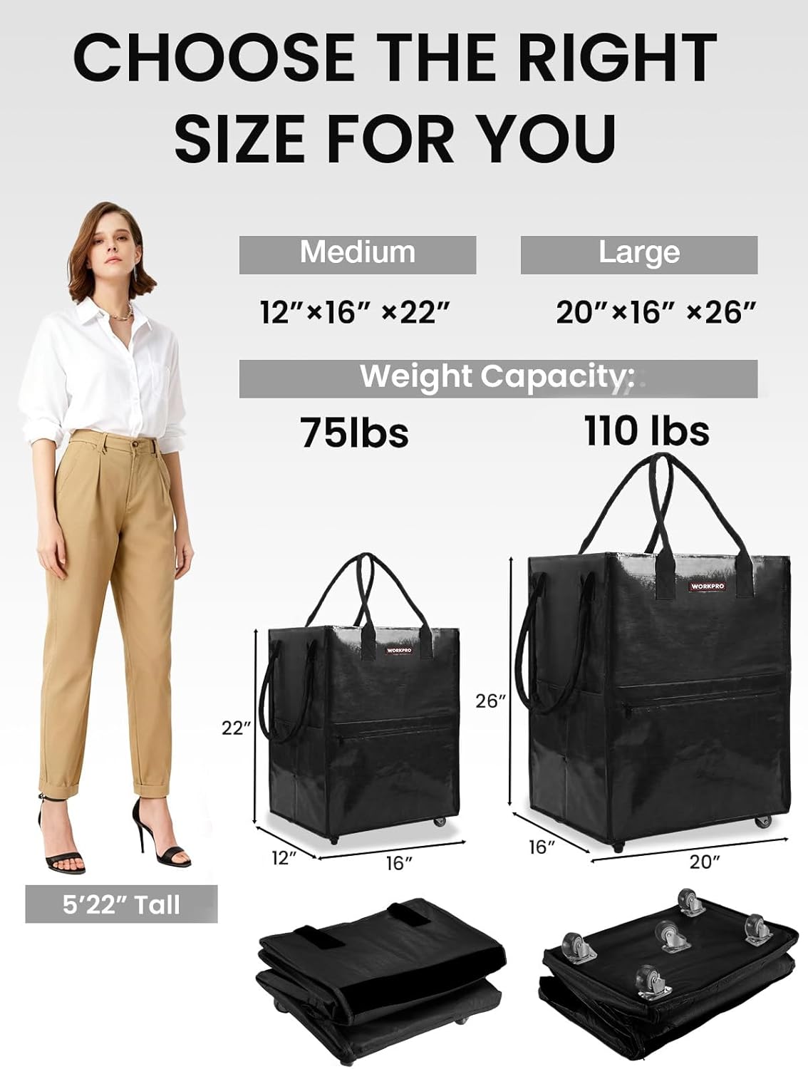 Black rolling reusable grocery tote with handle, foldable design, and caster wheels.