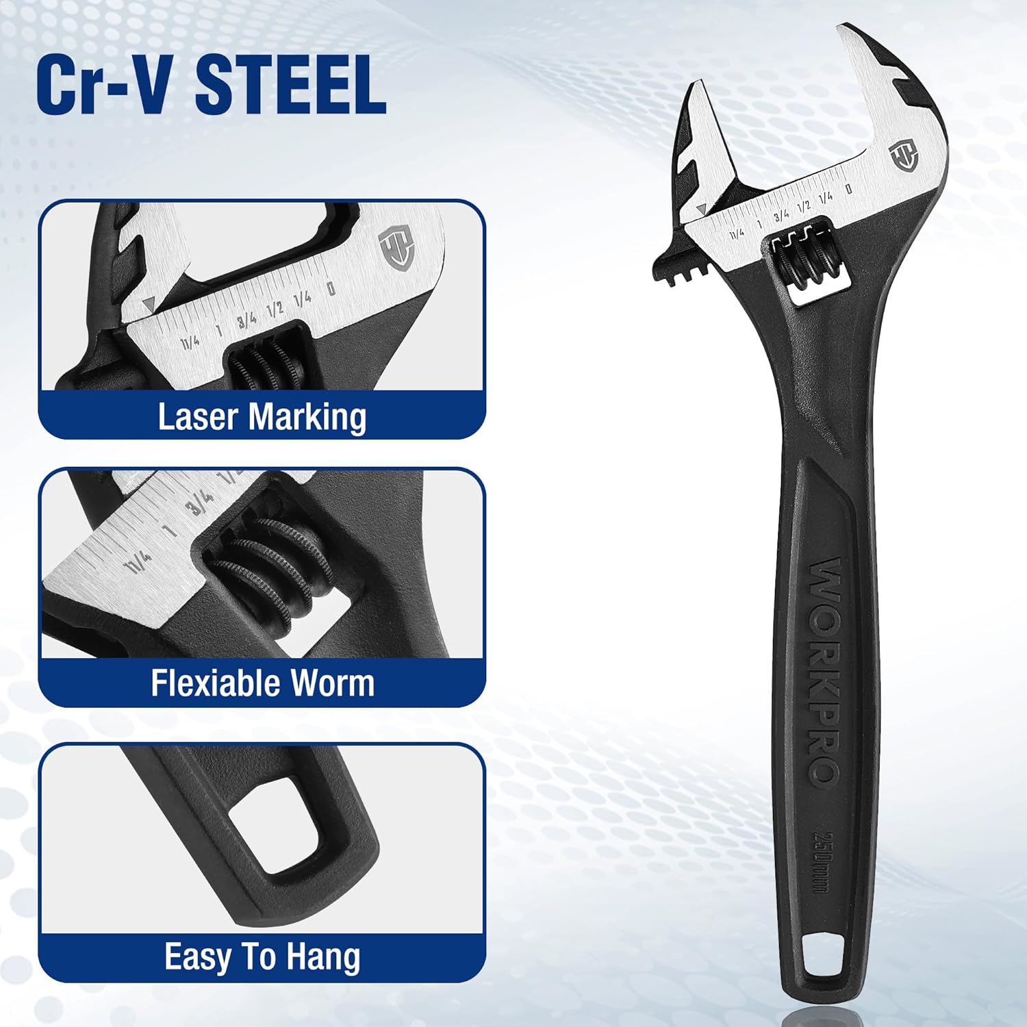 Adjustable wrench set with laser-marked jaw scale and flexible worm gear