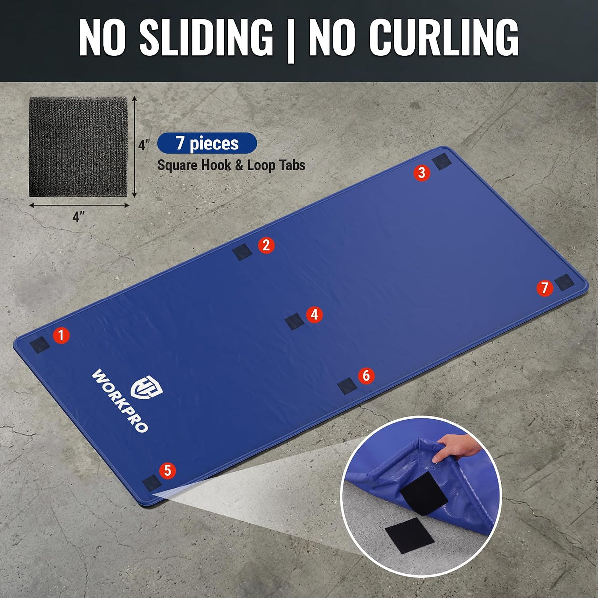 Workpro garage floor containment mat with raised edge in blue on concrete with a textured surface.
