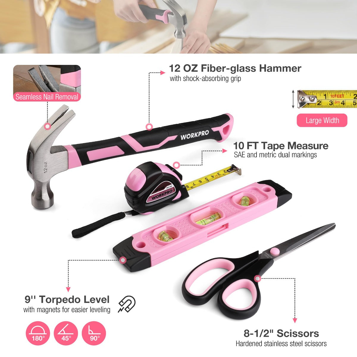 Pink and black household tool set with hammer, tape measure, level, and scissors