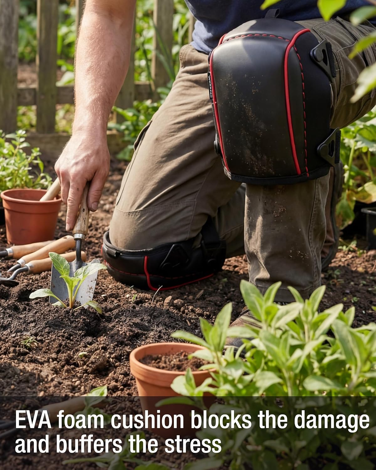 WORKPRO garden knee pads on knees, black foam cushion with red piping and straps