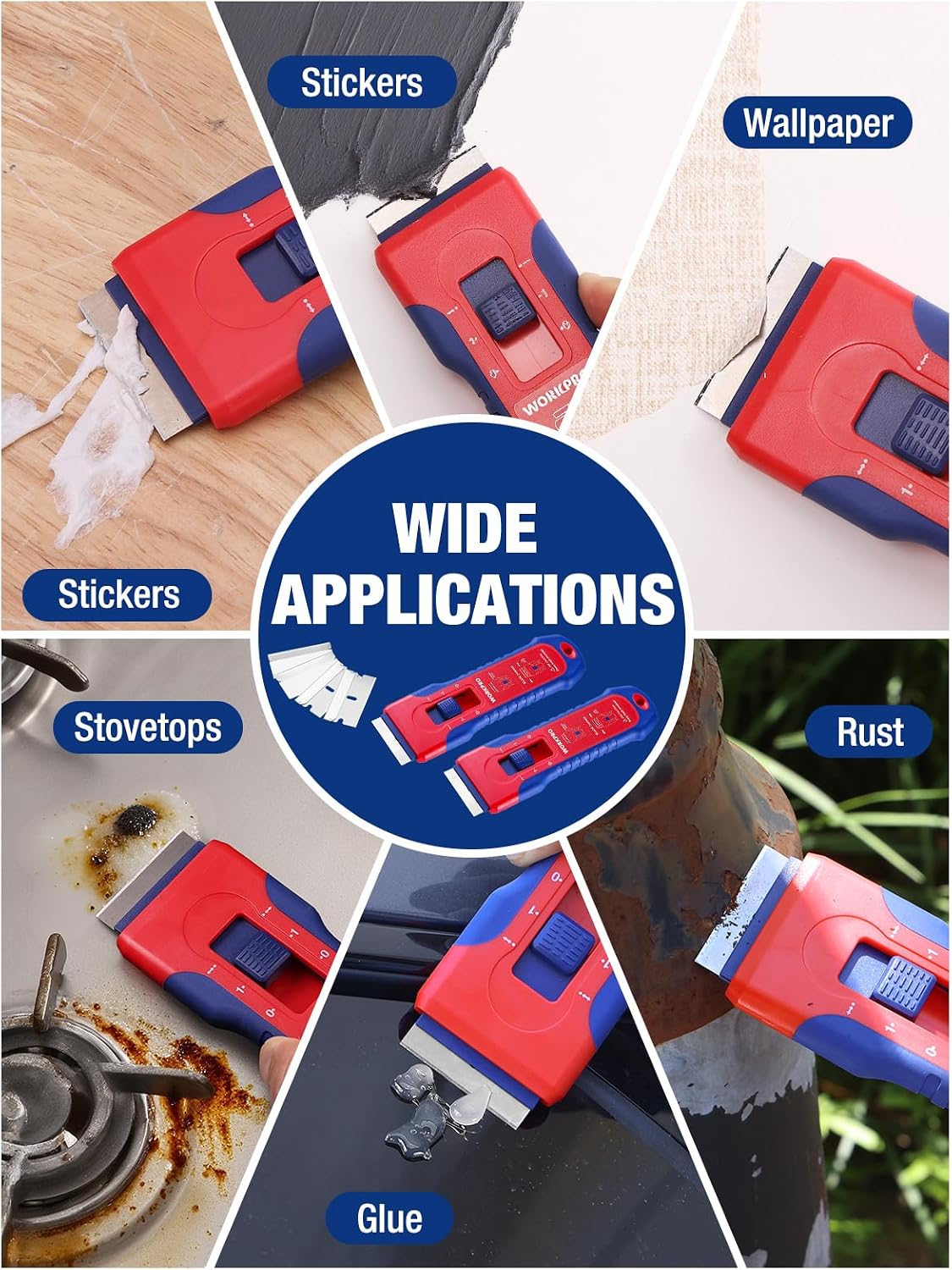 Retractable scraper tool for removing stickers, tape, glue, and other residues
