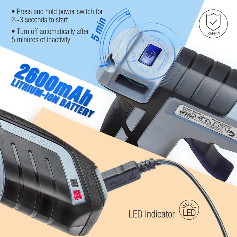 WORKPRO cordless hot glue gun with LED indicator, innovation, quality, secure, durable, convenient