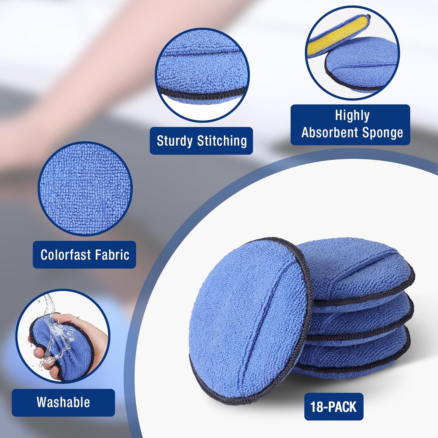 Stack of blue microfiber applicator pads with stitched edges and soft pile.