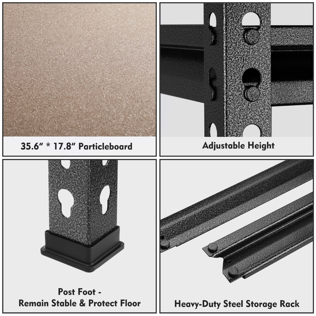 Adjustable black steel shelving rack with particleboard shelves and protective post feet