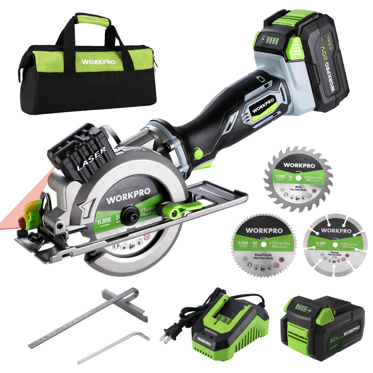 Cordless mini circular saw kit with battery, charger, blades, and carry bag