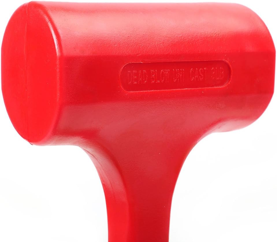 Red dead blow hammer head close-up with molded branding on the rubber