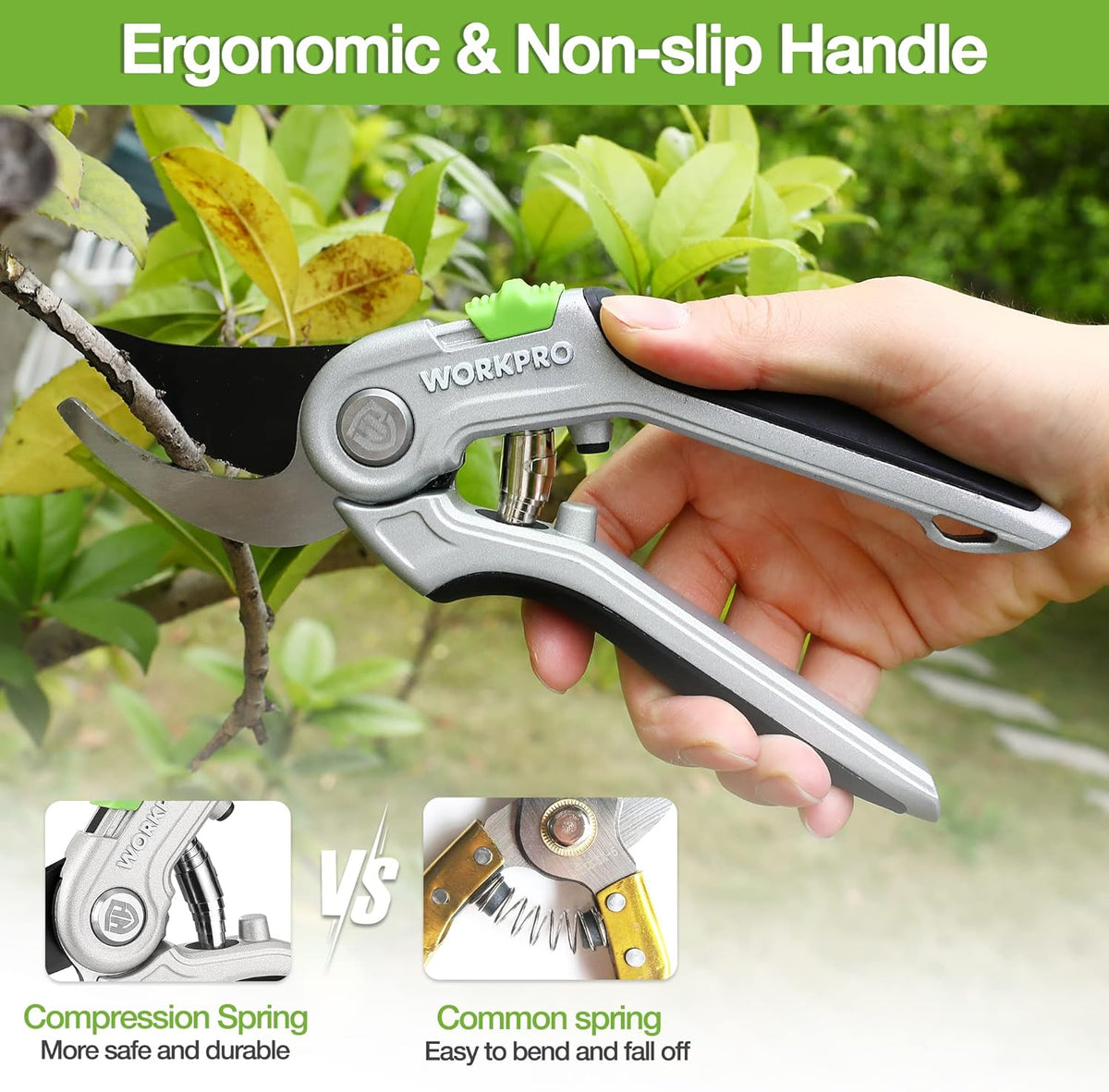 Bypass pruning shears with ergonomic non-slip gray handle and green latch