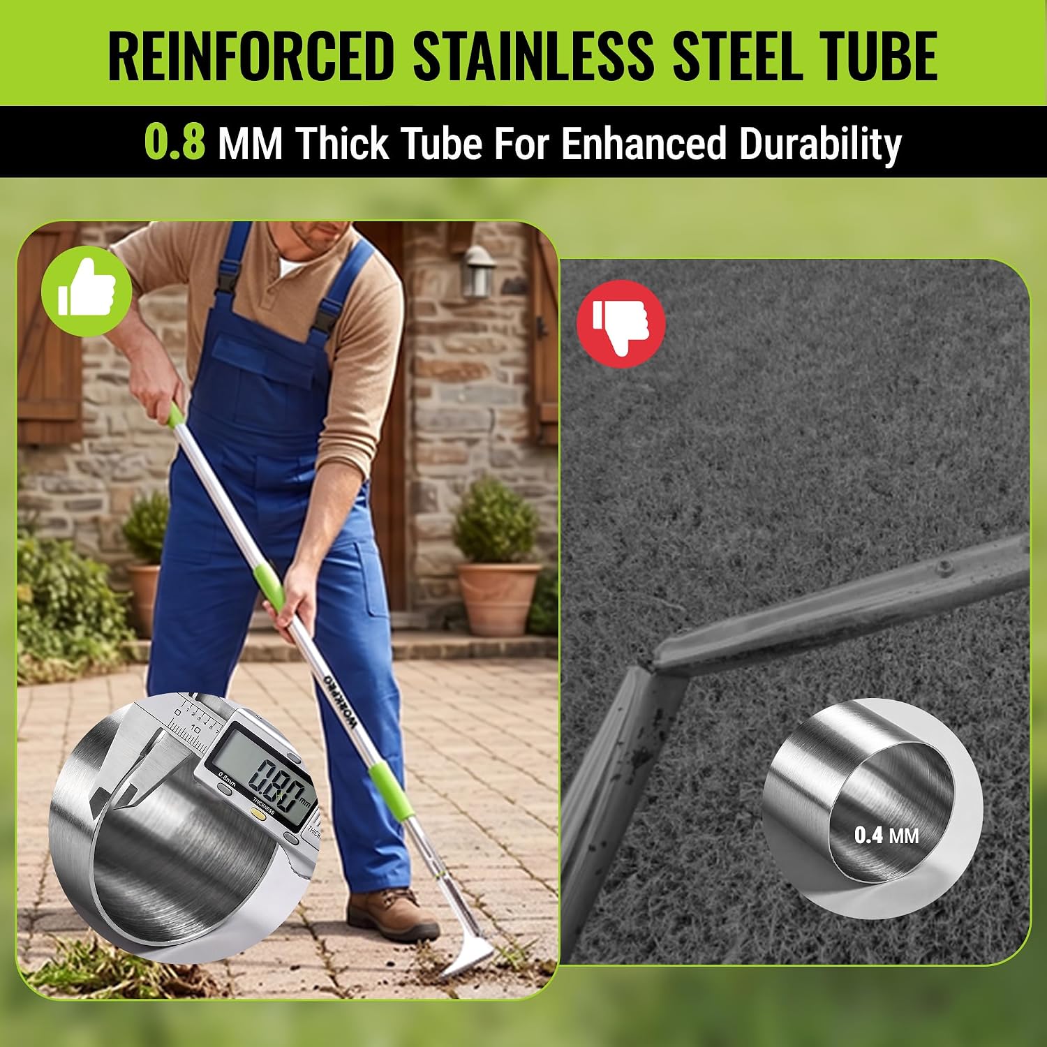 Adjustable long-handled stainless steel crack weeder with green grip and L-shaped blade