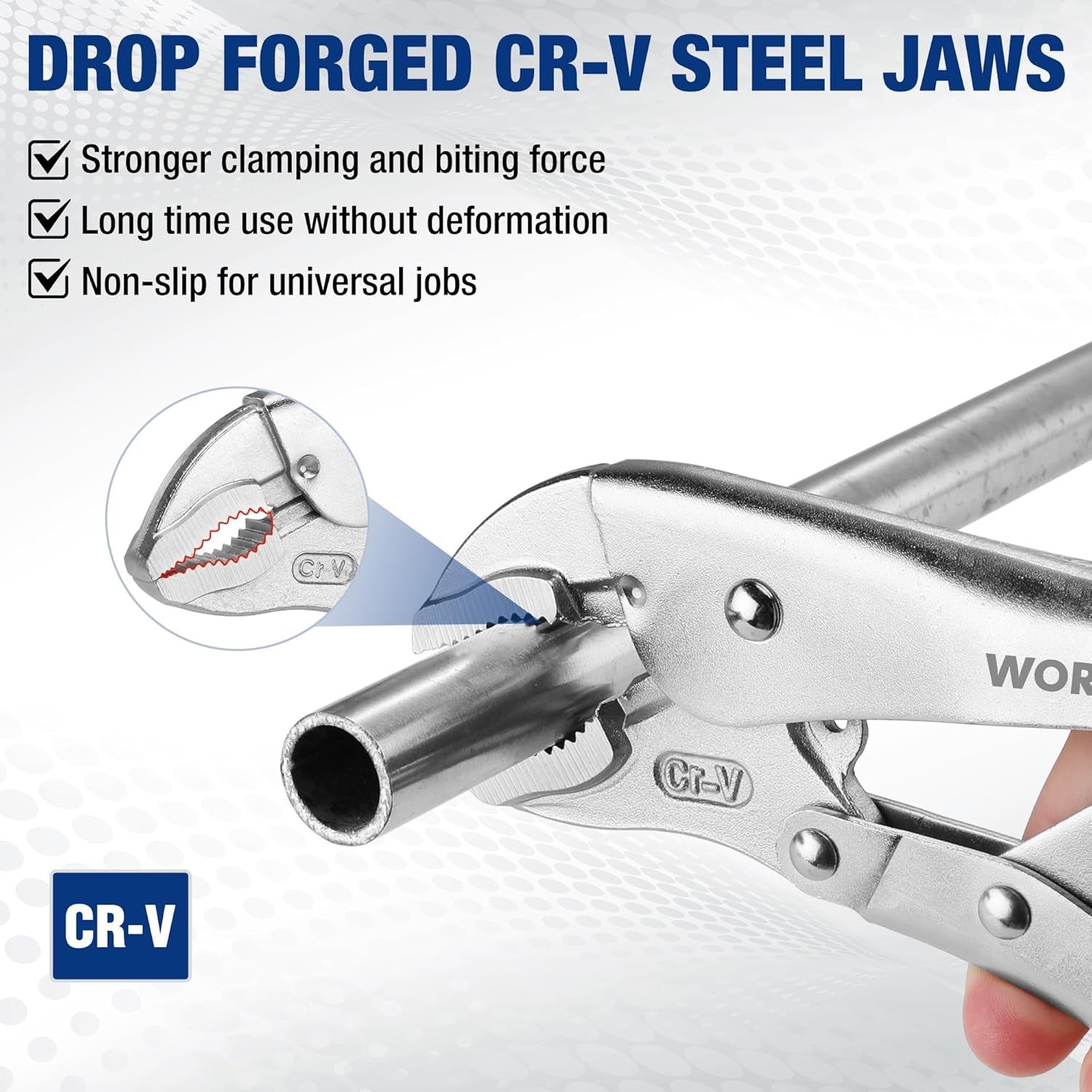WORKPRO 5-Piece curved jaw locking pliers set in chrome steel with durable quality and secure innovation