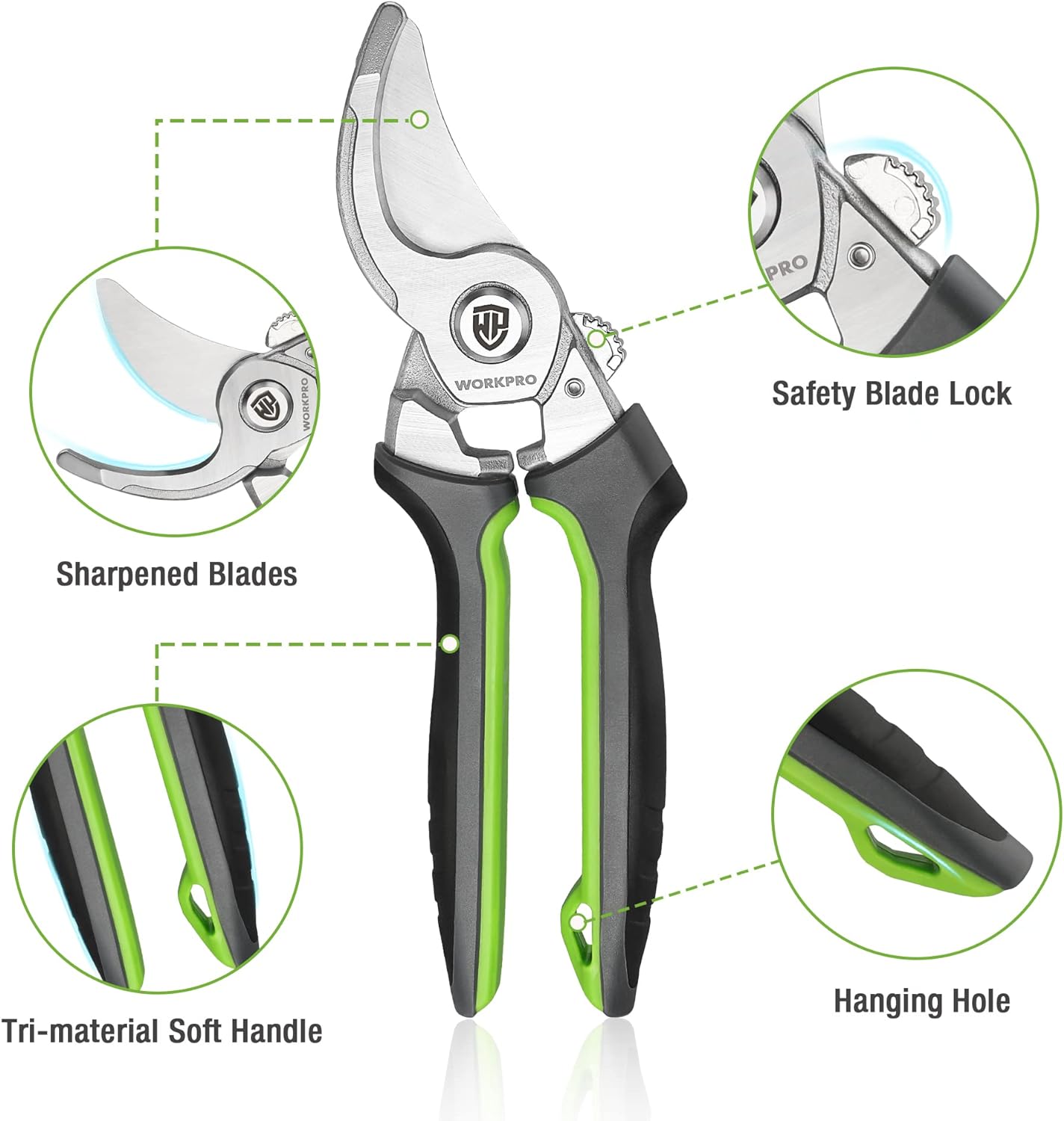 Bypass pruning shears with green grips and black handles; safety blade lock and hanging hole.