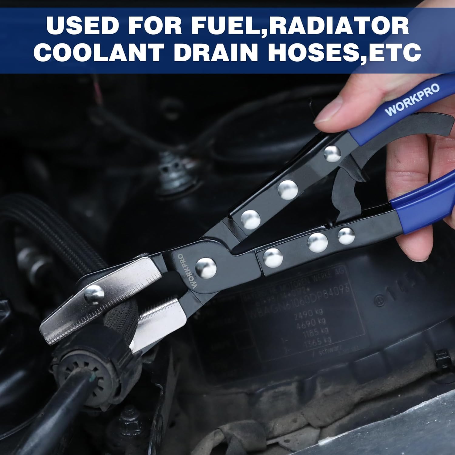 WORKPRO hose pinch-off pliers clamped on hoses in an engine bay with blue handles