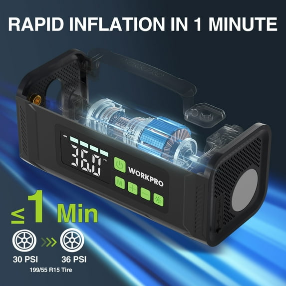 WORKPRO portable air compressor with blue-lit digital display, black housing, handle top