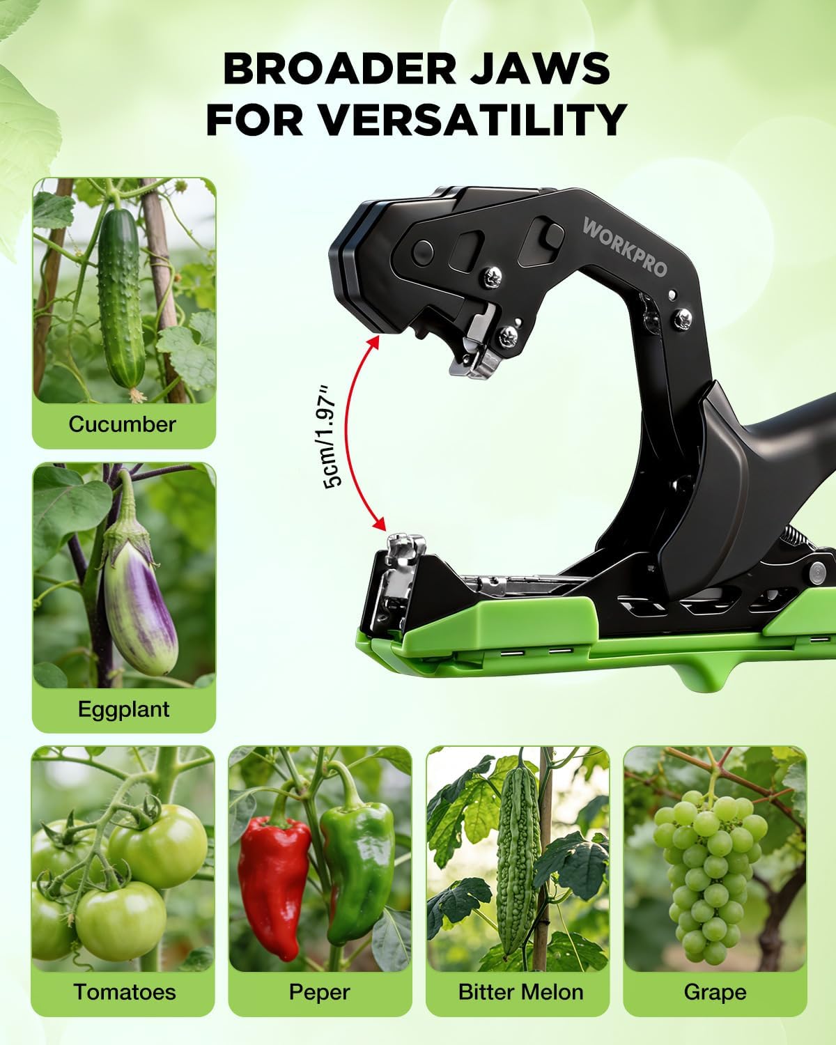 Plant tying machine with broad jaws, black housing and green base for versatile stems