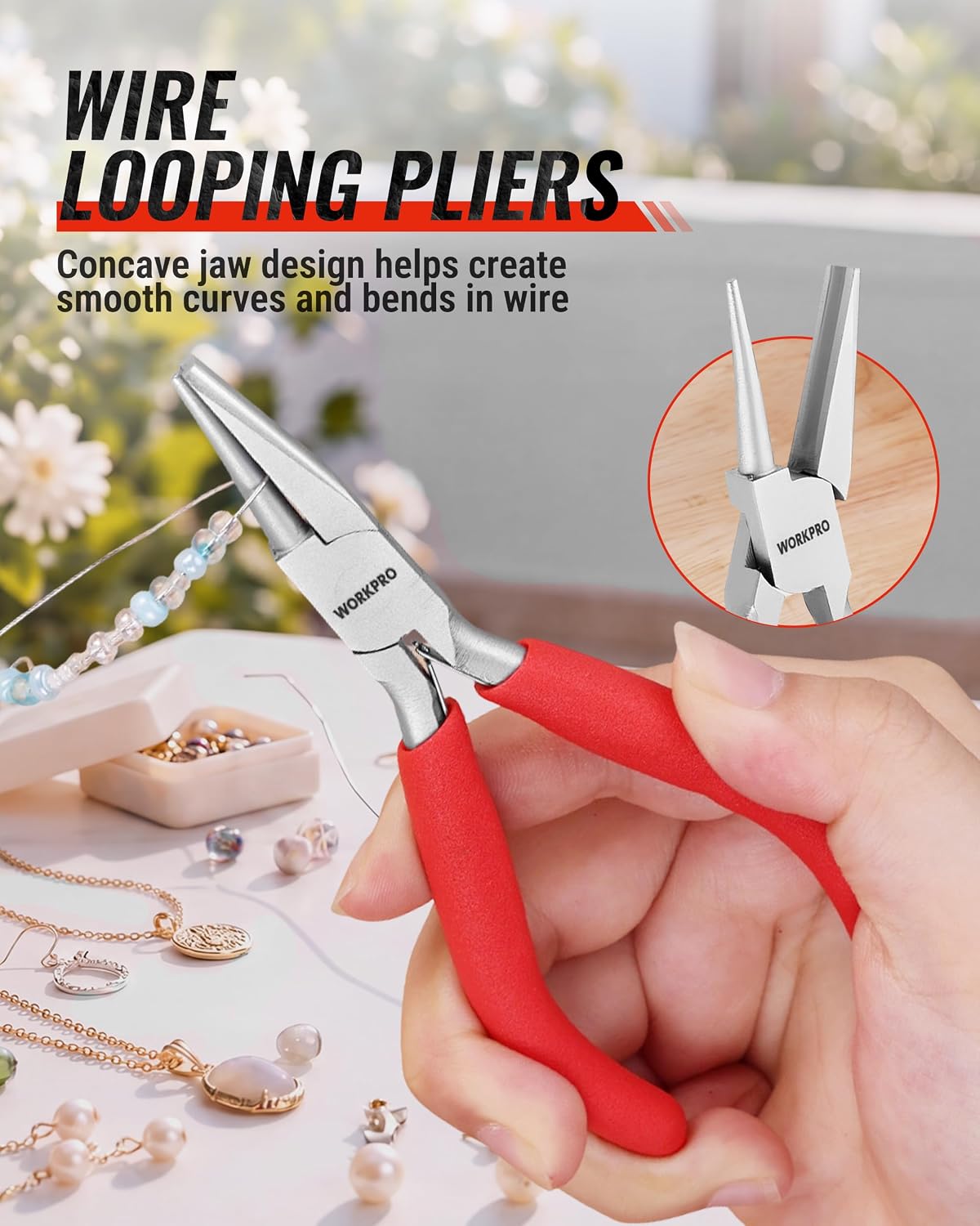 WORKPRO 7-piece jewelry pliers set with pouch, red and silver handles for jewelry making tools kit