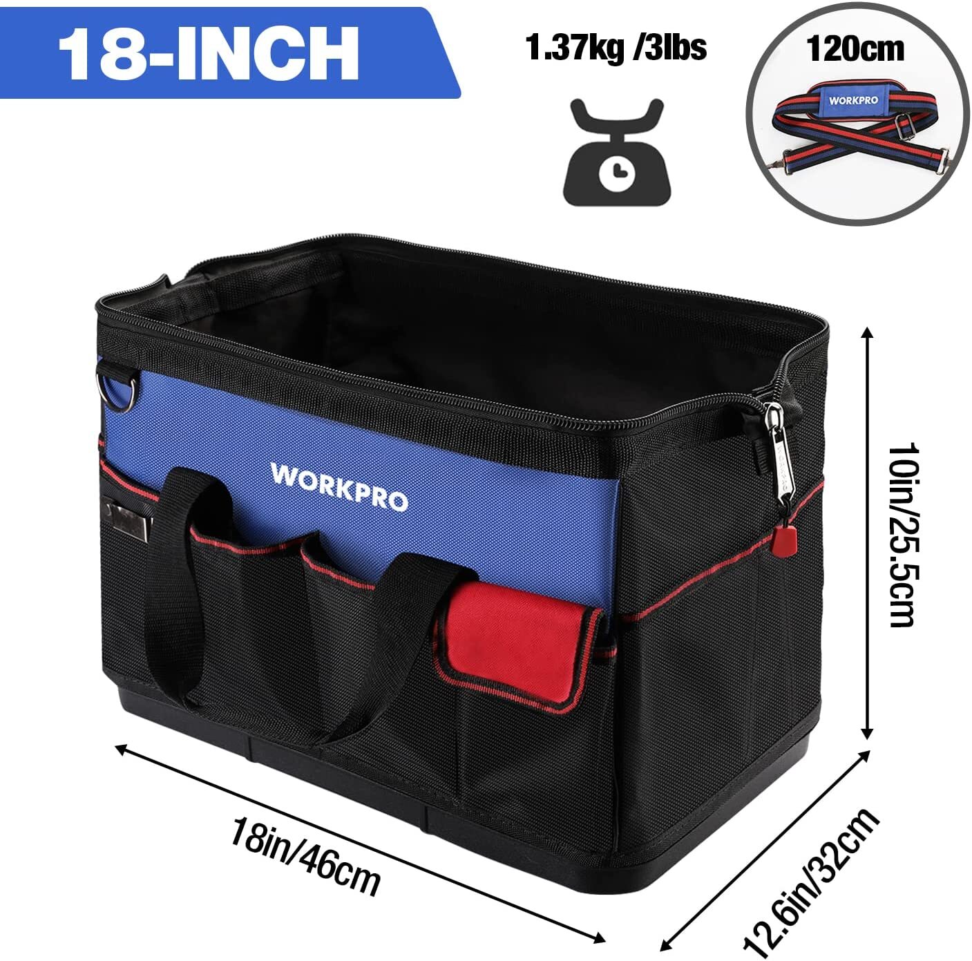 WORKPRO 18" Tool Bag Tool Tote Waterproof with Base and Adjustable Shoulder Strap