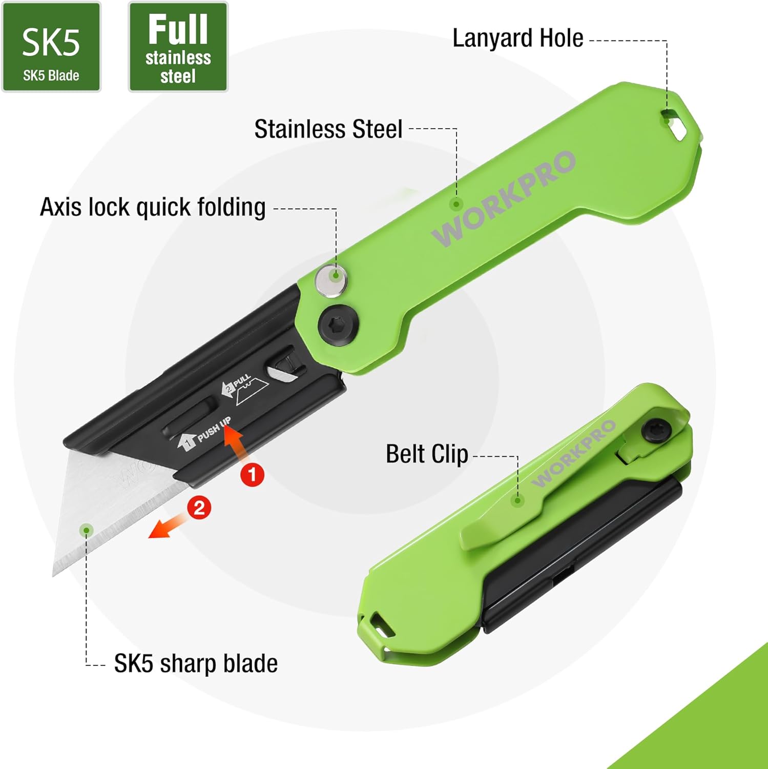 Green stainless steel folding utility knife with axis lock and belt clip