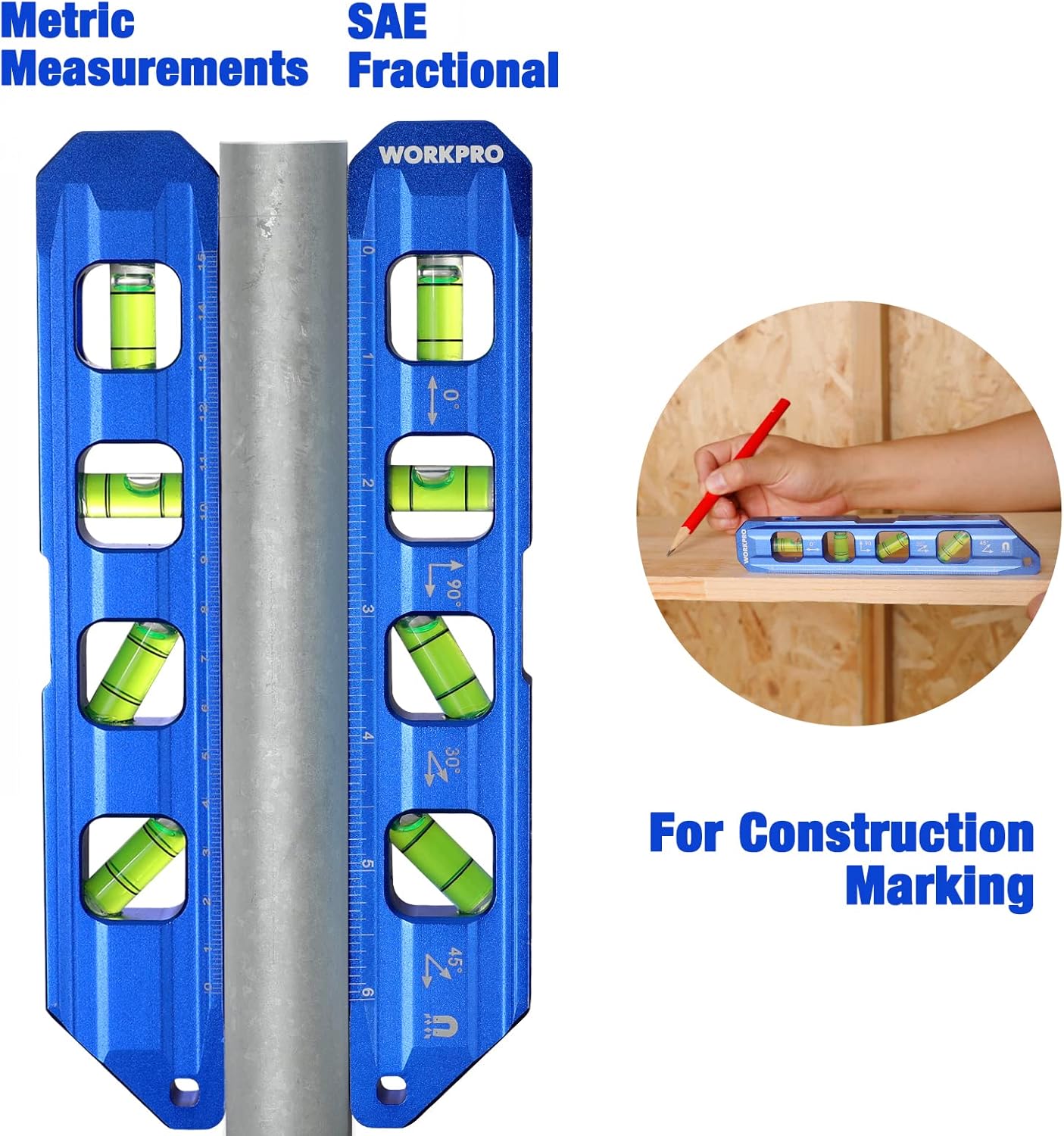 Cobalt blue aluminum torpedo level with four green bubble vials and measurement scale
