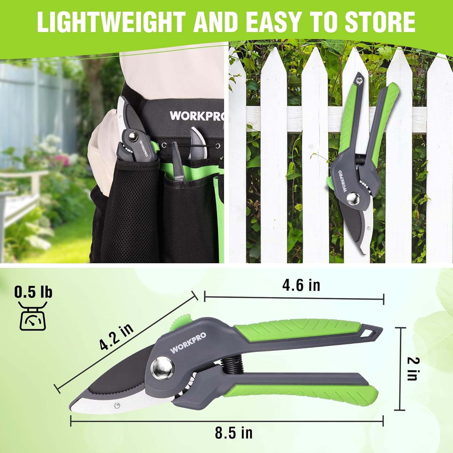 WORKPRO pruning shear set, compact size with black body and green ergonomic handle