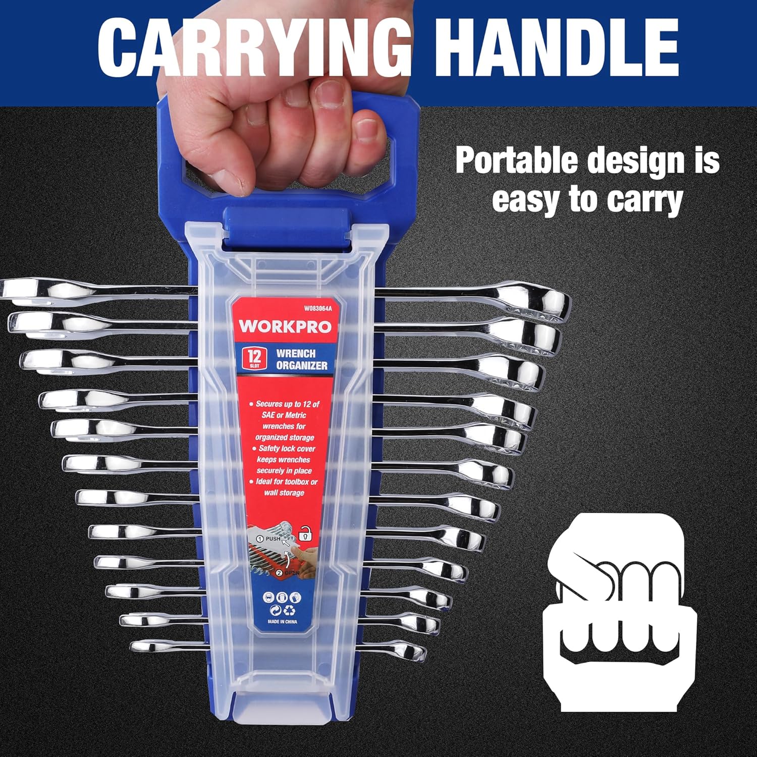 Portable wrench organizer trays with top carrying handle and wrenches stored in rows