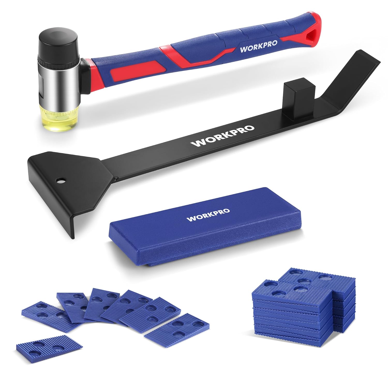 Laminate flooring installation tool set: pull bar, tapping block, spacers, rubber mallet
