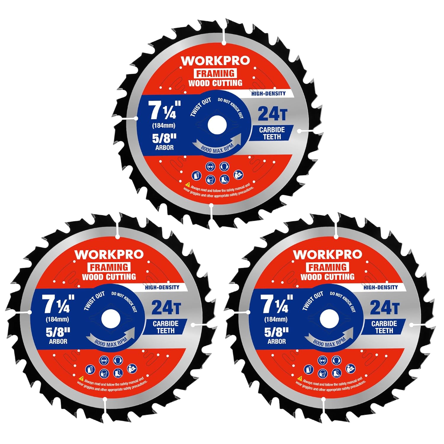 WORKPRO framing circular saw blades, 7-1/4 in, 24T carbide ATB, 3-pack