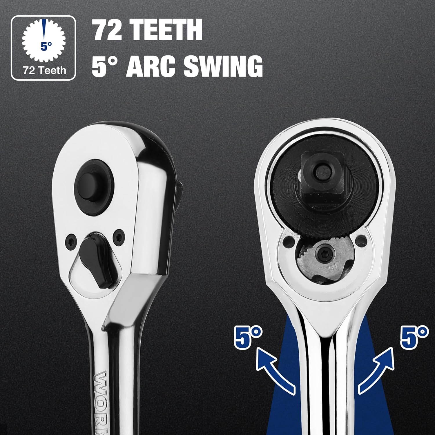 Chrome ratchet wrench showing 72-tooth ratcheting, 5° arc swing, reversible head