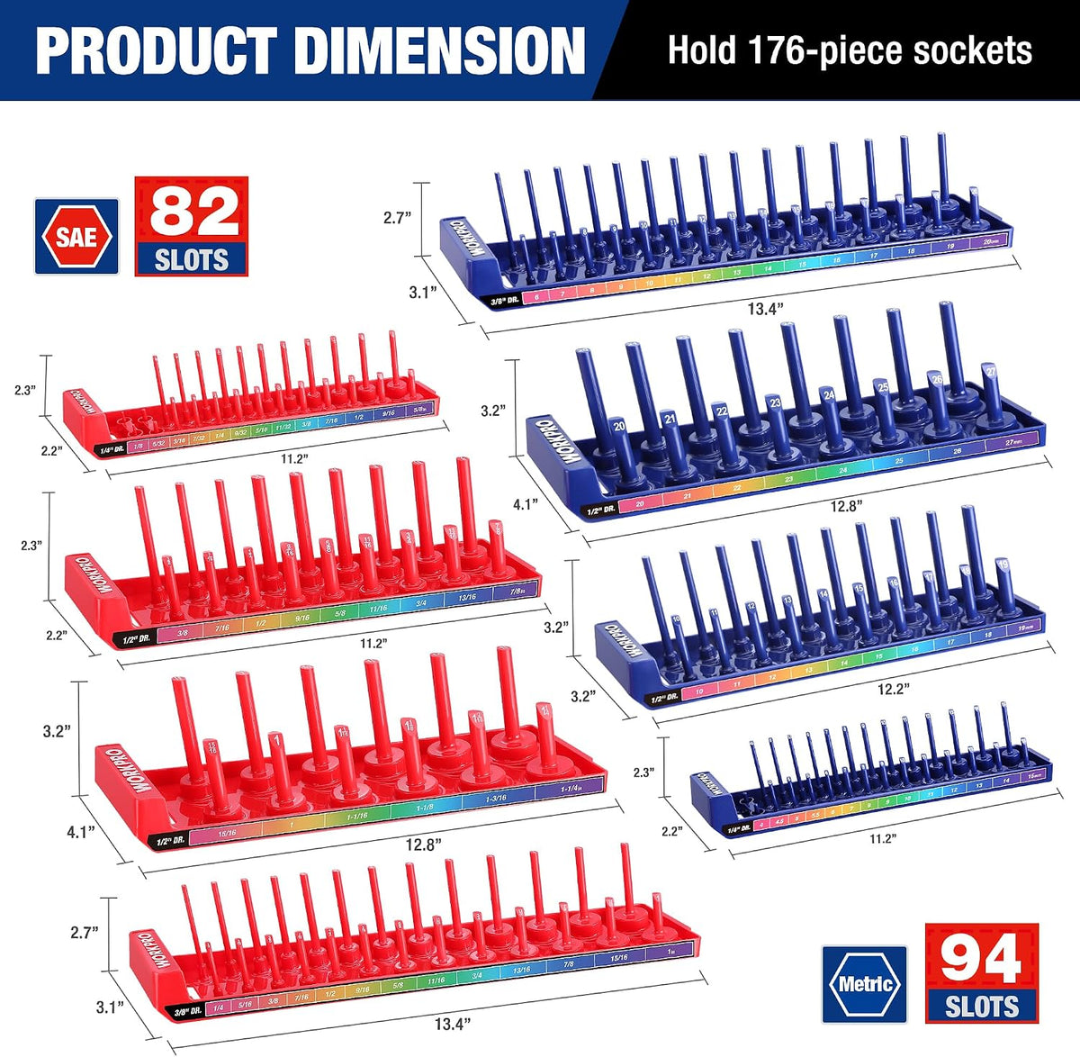 WORKPRO socket tray set layout diagram for 176-piece SAE and metric sockets