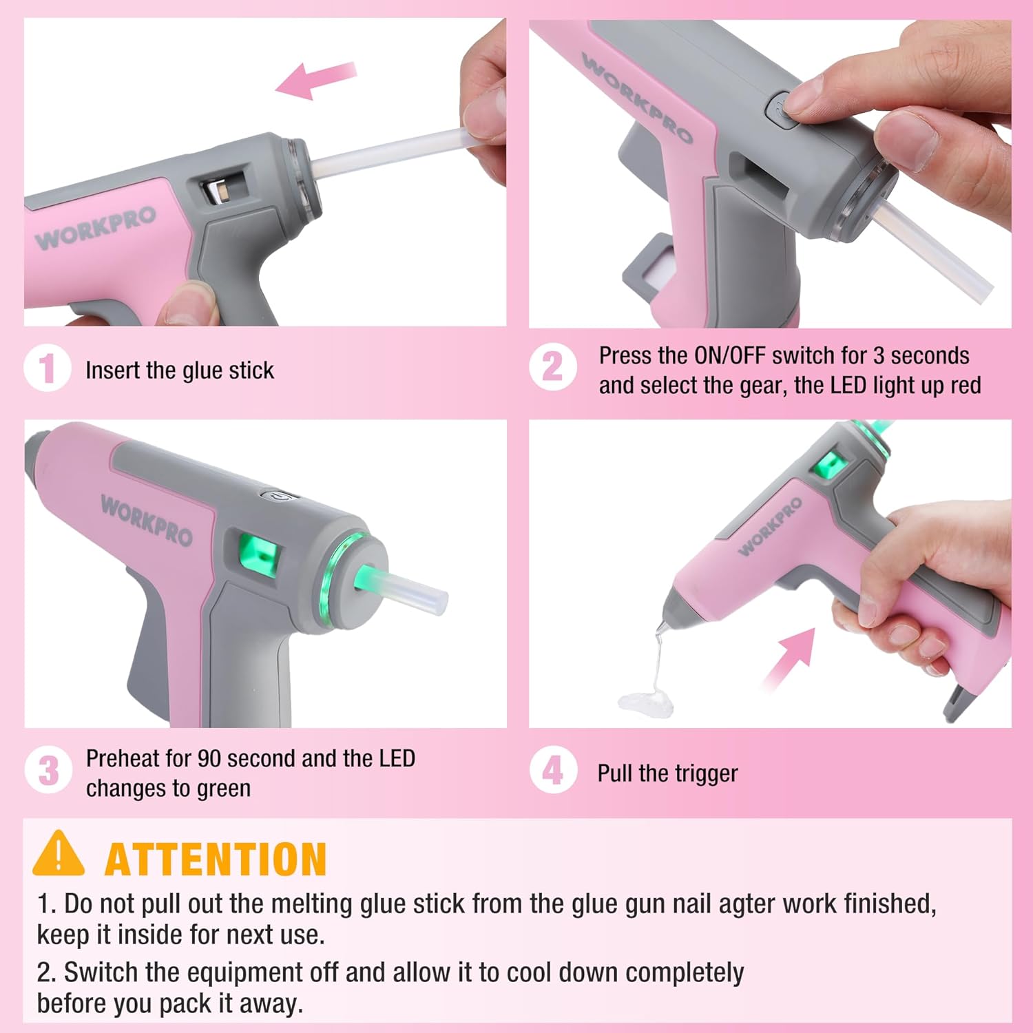 WORKPRO pink cordless mini hot glue gun with LED indicator on/off switch