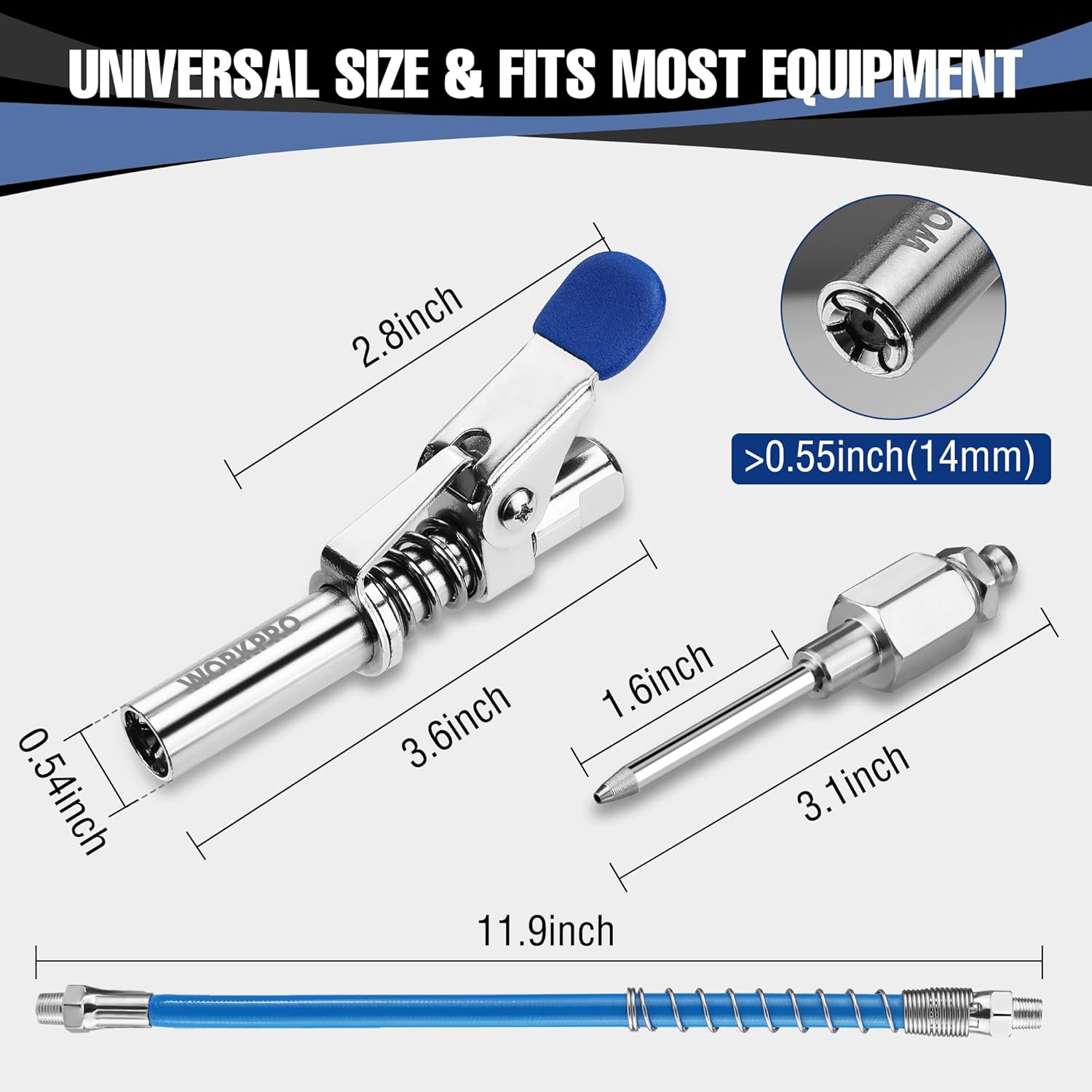 Grease gun quick-release couplers with blue hoses and spring-loaded locking needles