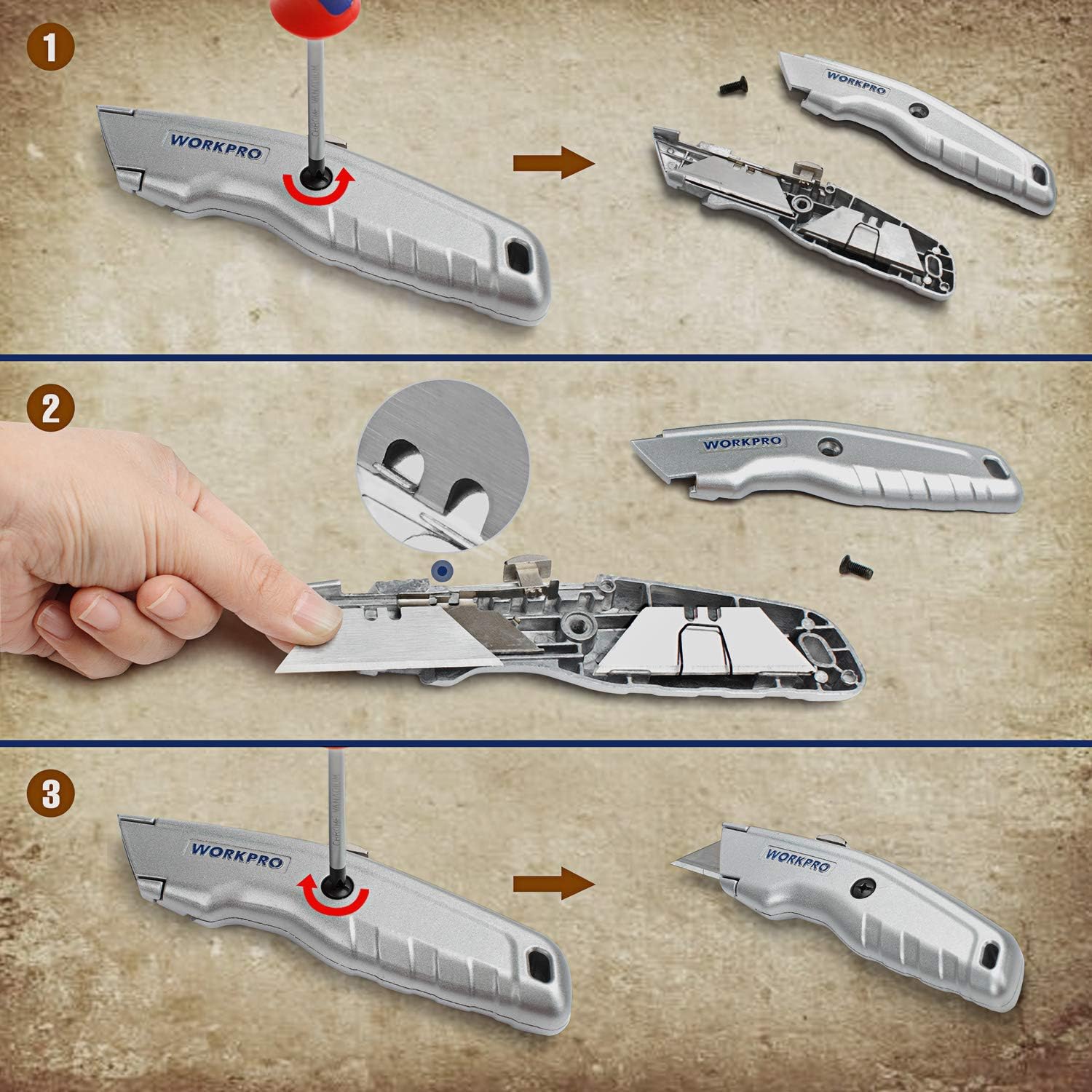 Retractable utility knife with open handle showing blade storage compartment