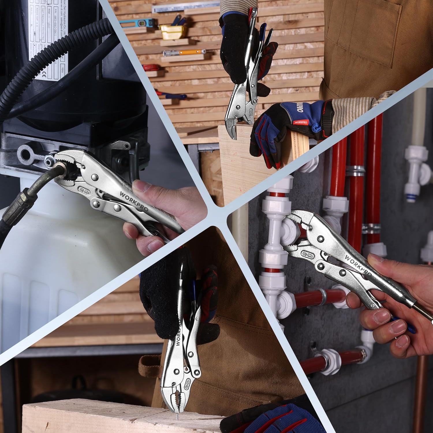 WORKPRO locking pliers holding a pipe fitting with curved jaws and blue handle