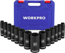 WORKPRO 14-Piece 1/2＂ Drive Deep Impact Socket Set, 6-Point Impact Deep Socket Set with Heavy Duty Storage Case for Automotive and Mechanical Repairs, 10mm-27mm, Cr-V Steel, Metric