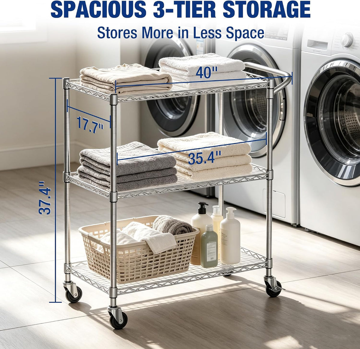 WORKPRO 40" 3-Tier Utility Cart, 330 LBS Capacity, Adjustable Shelves