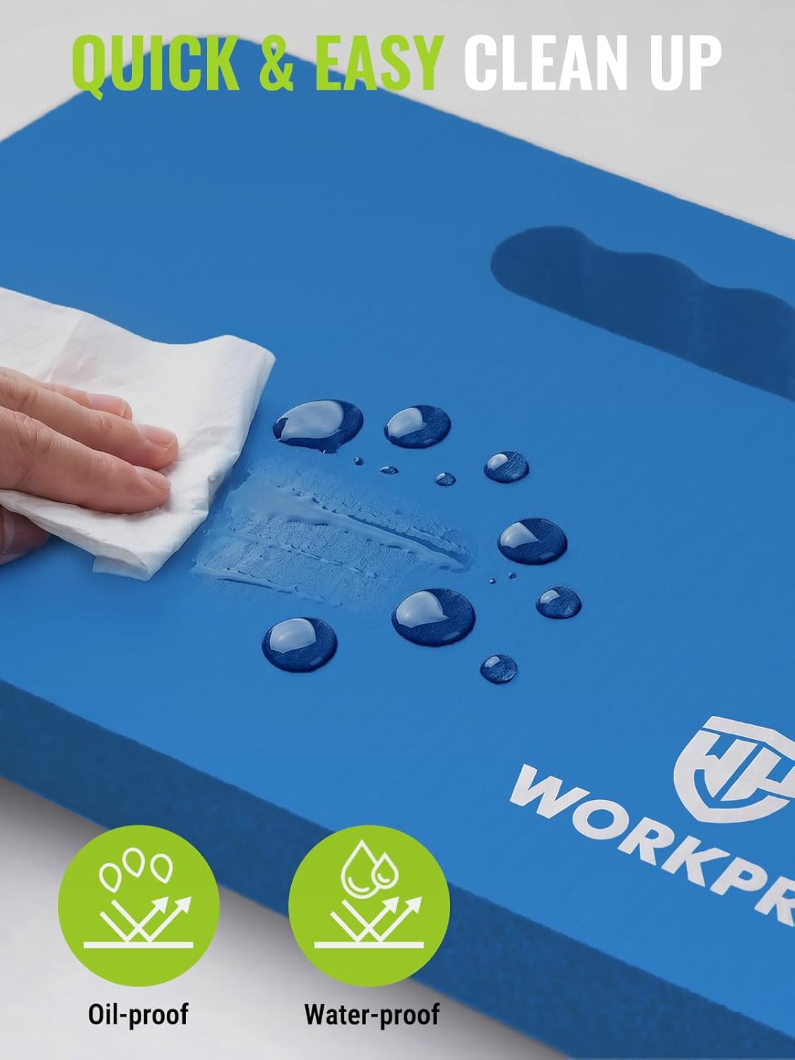 Blue kneeling pad with wipe-clean surface and water drops; oil- and water-resistant