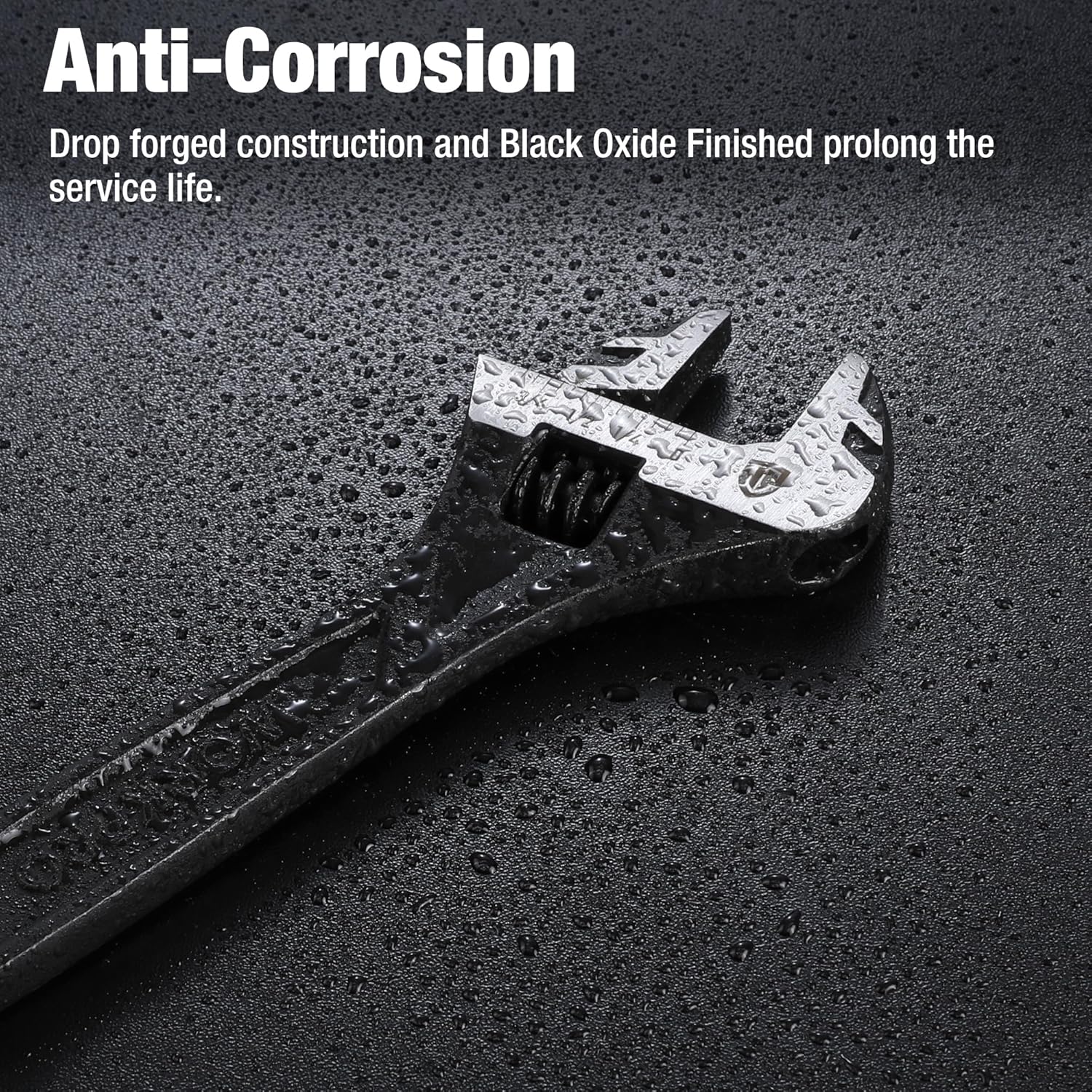 Black oxide adjustable wrench with water-beaded finish on the head and handle.