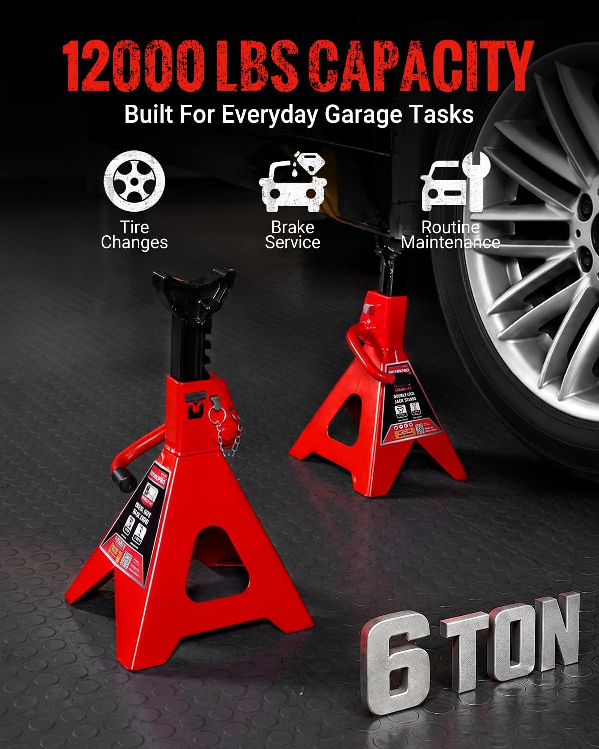 WORKPRO 6 Ton Jack Stands with Double Lock, 12000 LBS Capacity, 1 Pair | Heavy-Duty Premium Steel Construction, Wide Base Stability, Adjustable Lift Height
