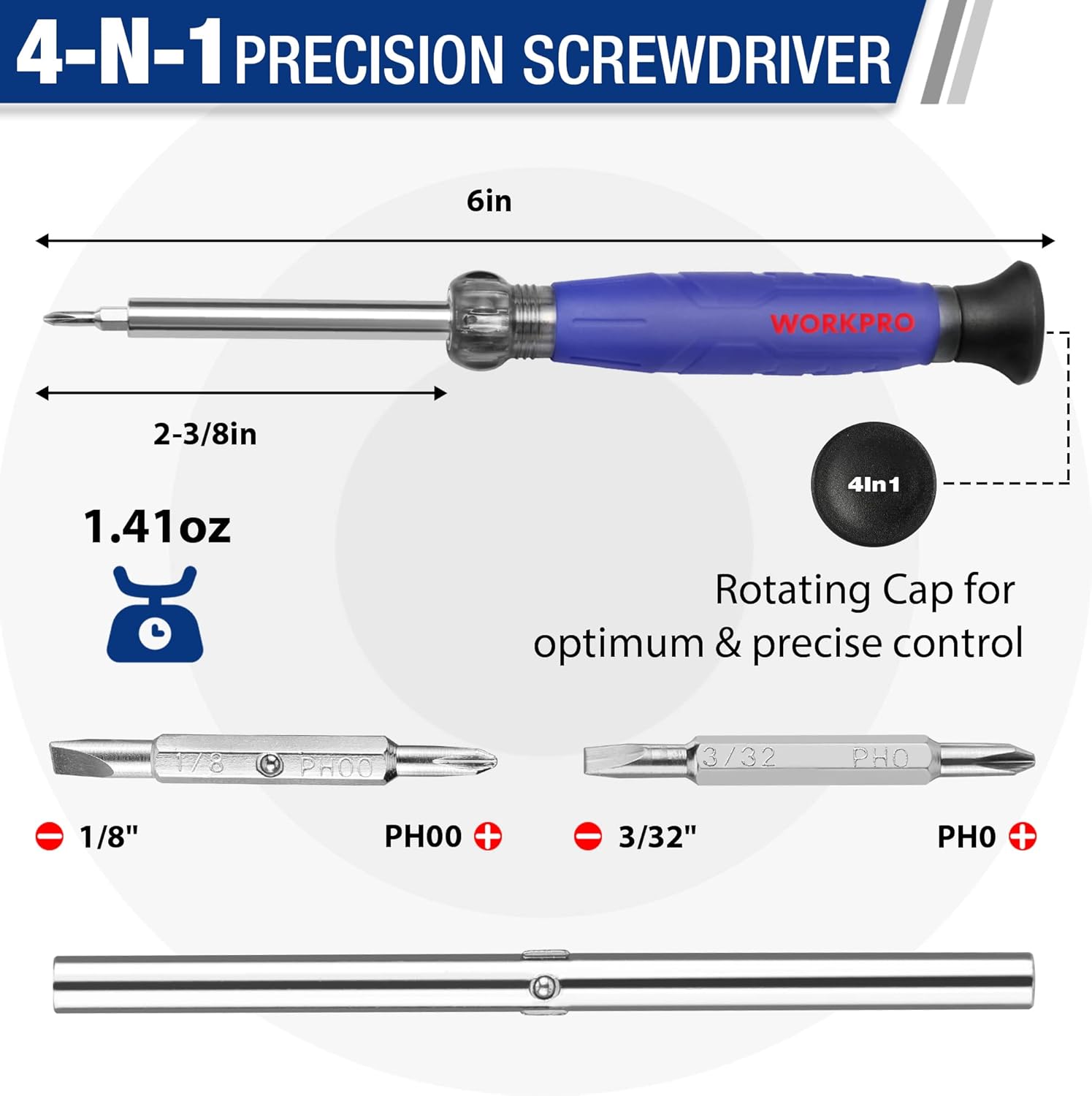 WORKPRO 4-in-1 precision screwdriver with rotating cap, blue handle, and PH/slotted bits