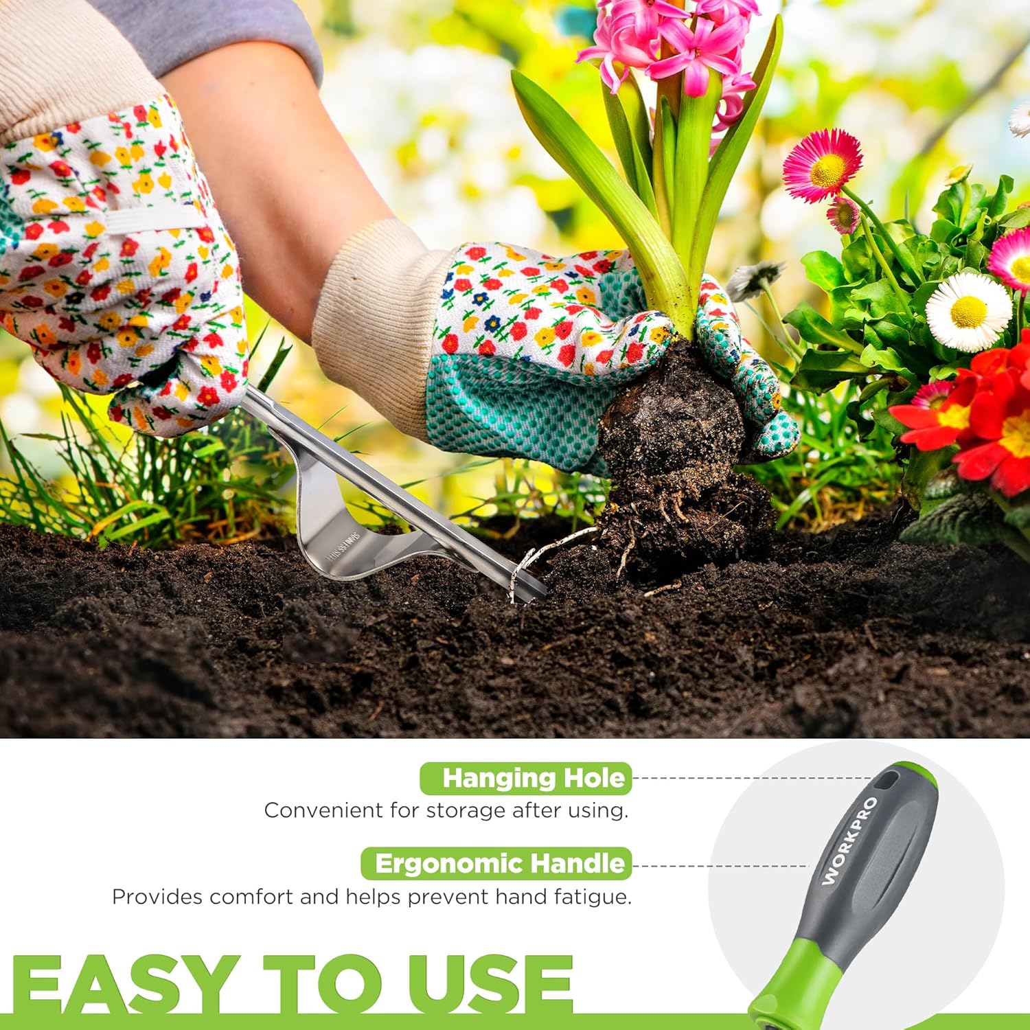 Manual hand weeder with green handle and metal V-shaped fork in garden soil