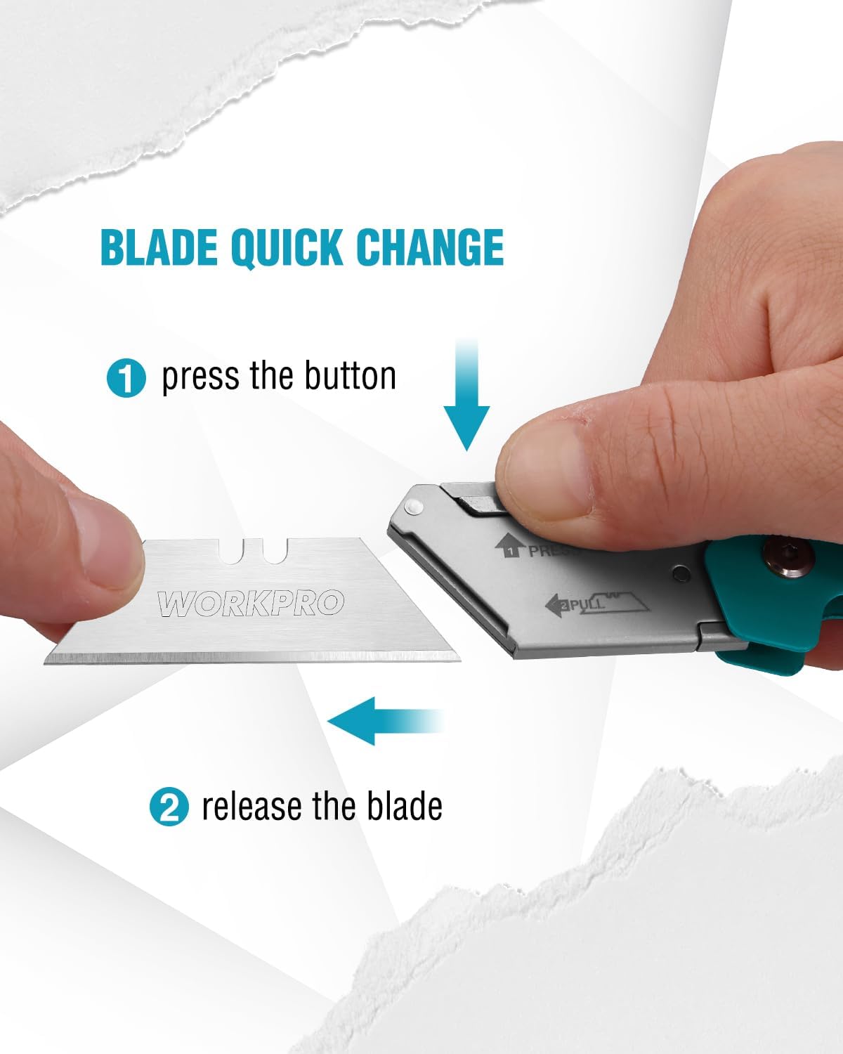 Folding utility knife quick-change blade, teal handle and blade release button