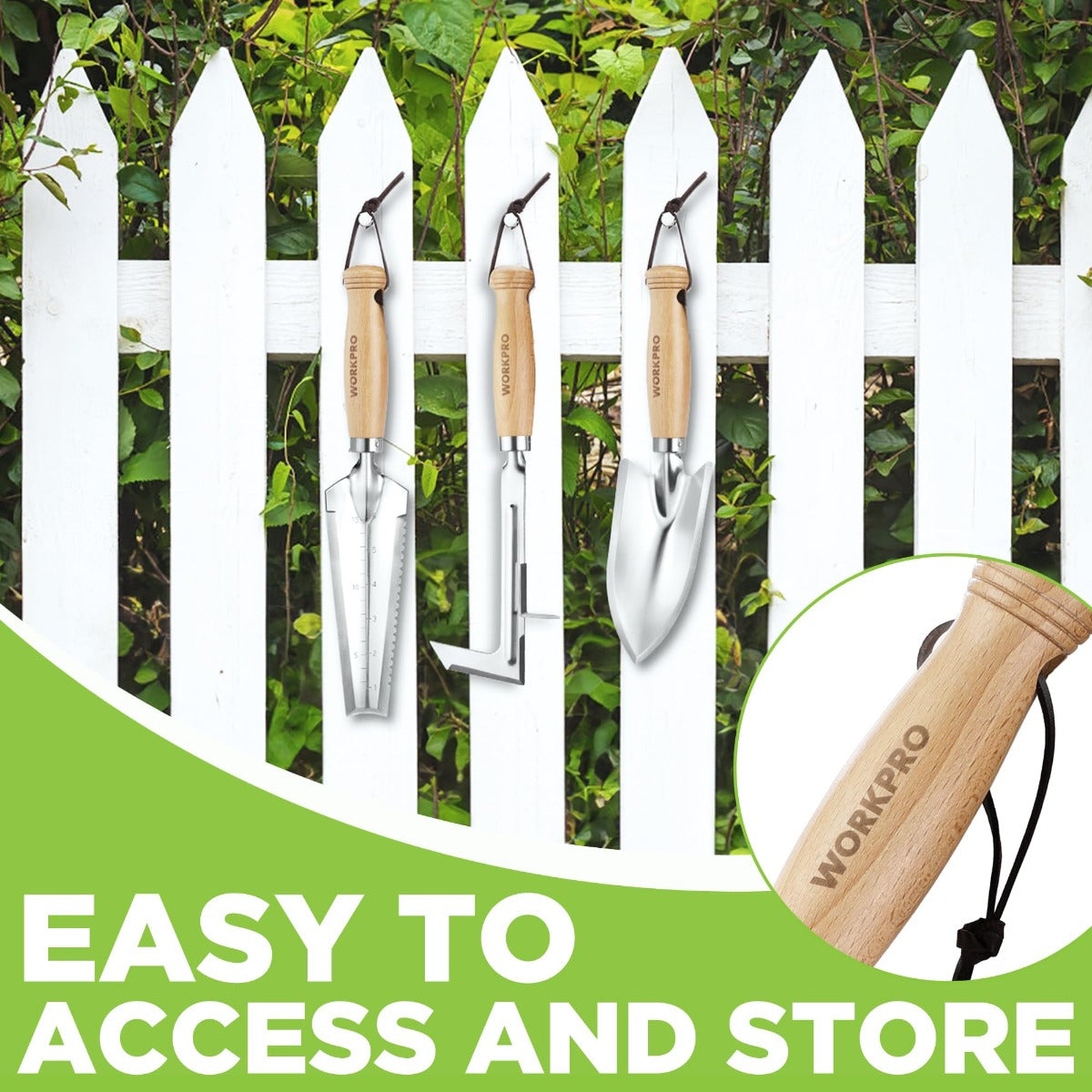WORKPRO weeding tool set with wooden handles displayed outdoors